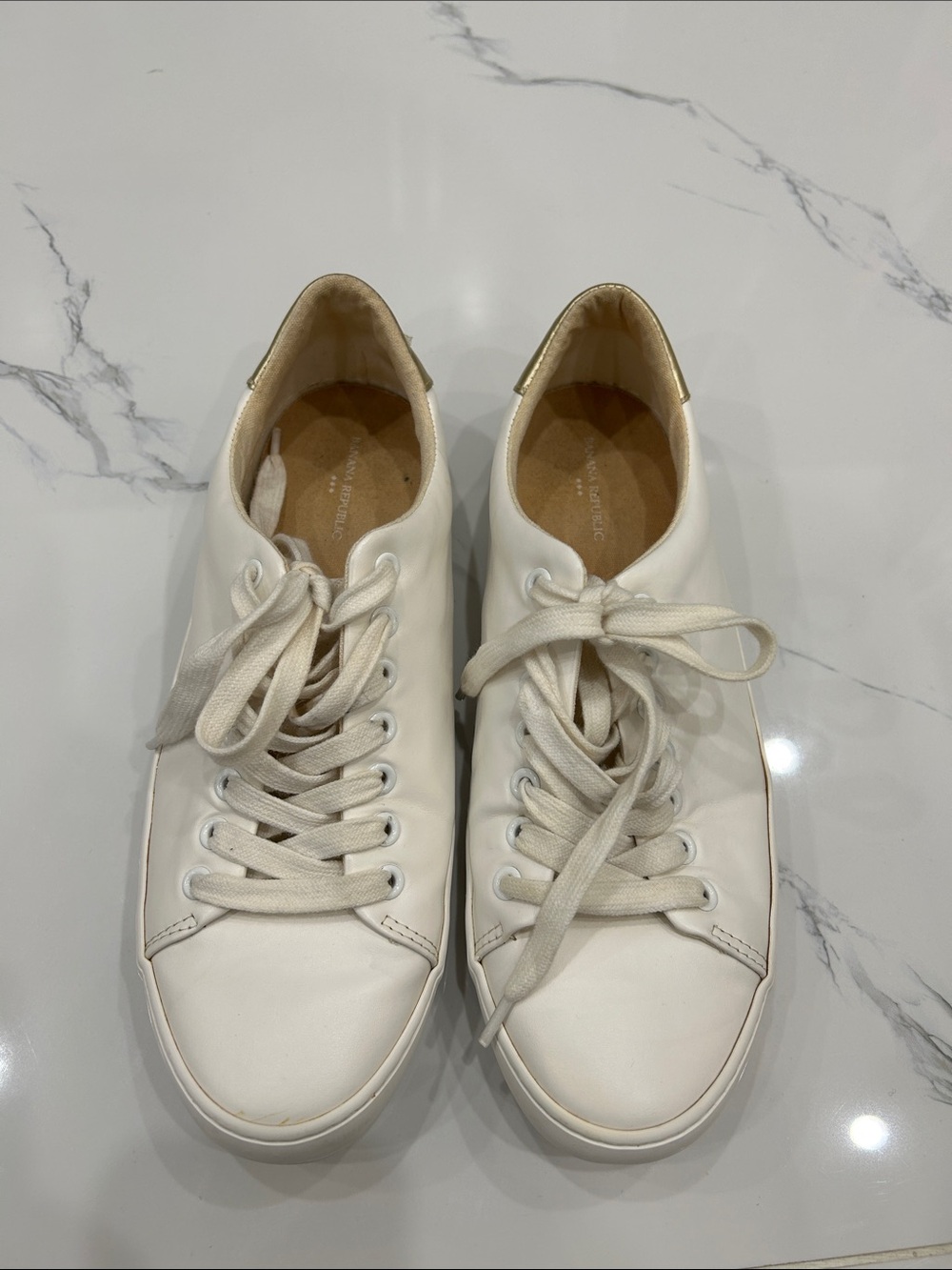 Banana Republic White Leather Sneakers with Gold Heel Trim